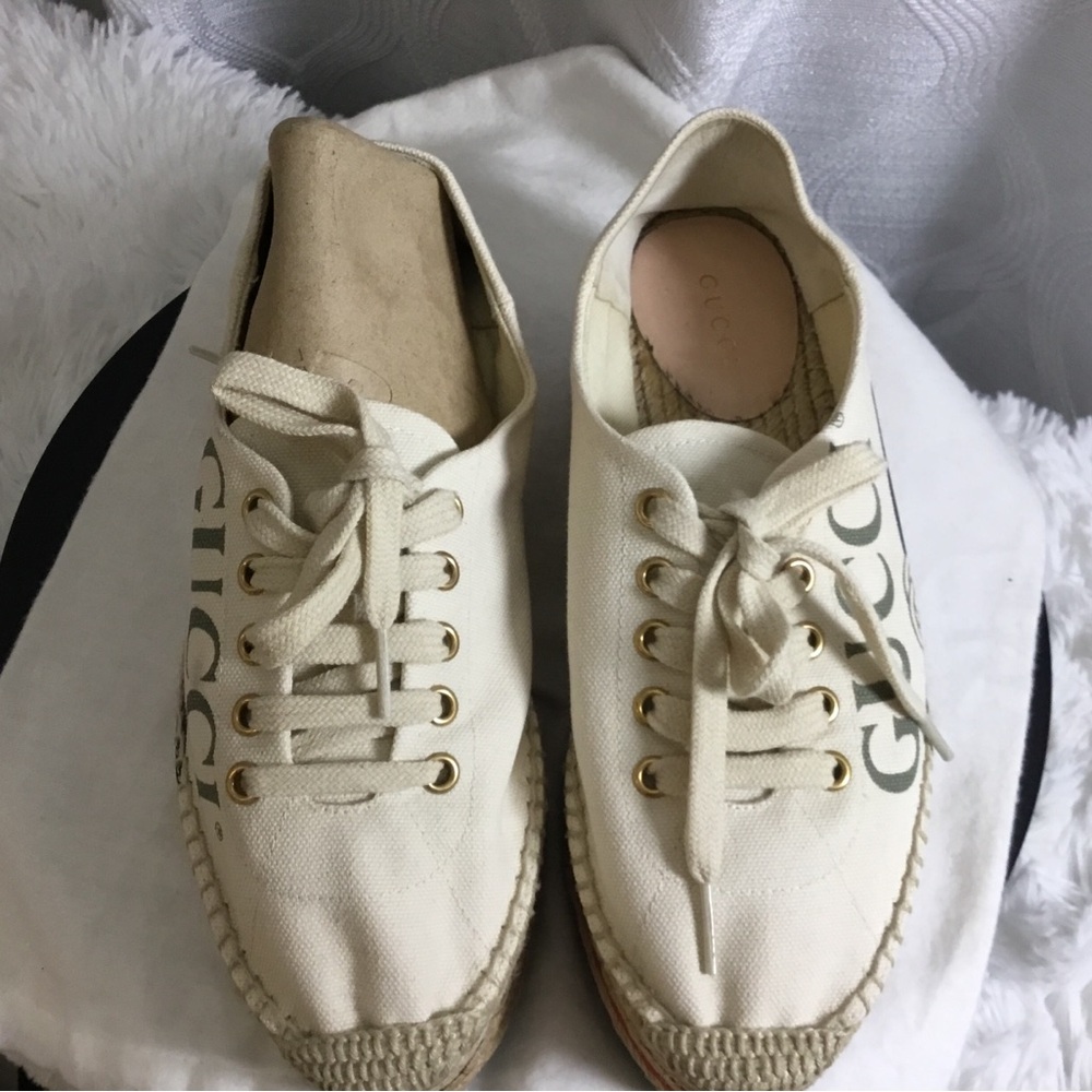 Gucci Cream Canvas Platform Espadrille Sneakers with Web Stripe - Picture 12 of 15
